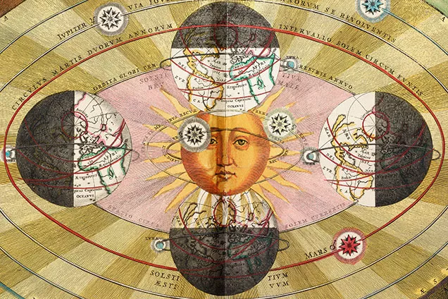 Jorden visas i sin bana runt solen i fyra olika vinklar. En illustration av solståndet.